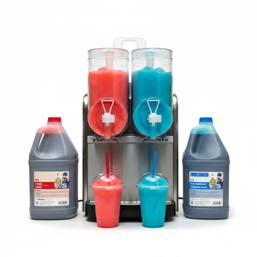 Slush Puppie Cherry and Blue Raspberry 4L jugs beside a dual-tank commercial slushy machine with two filled cups