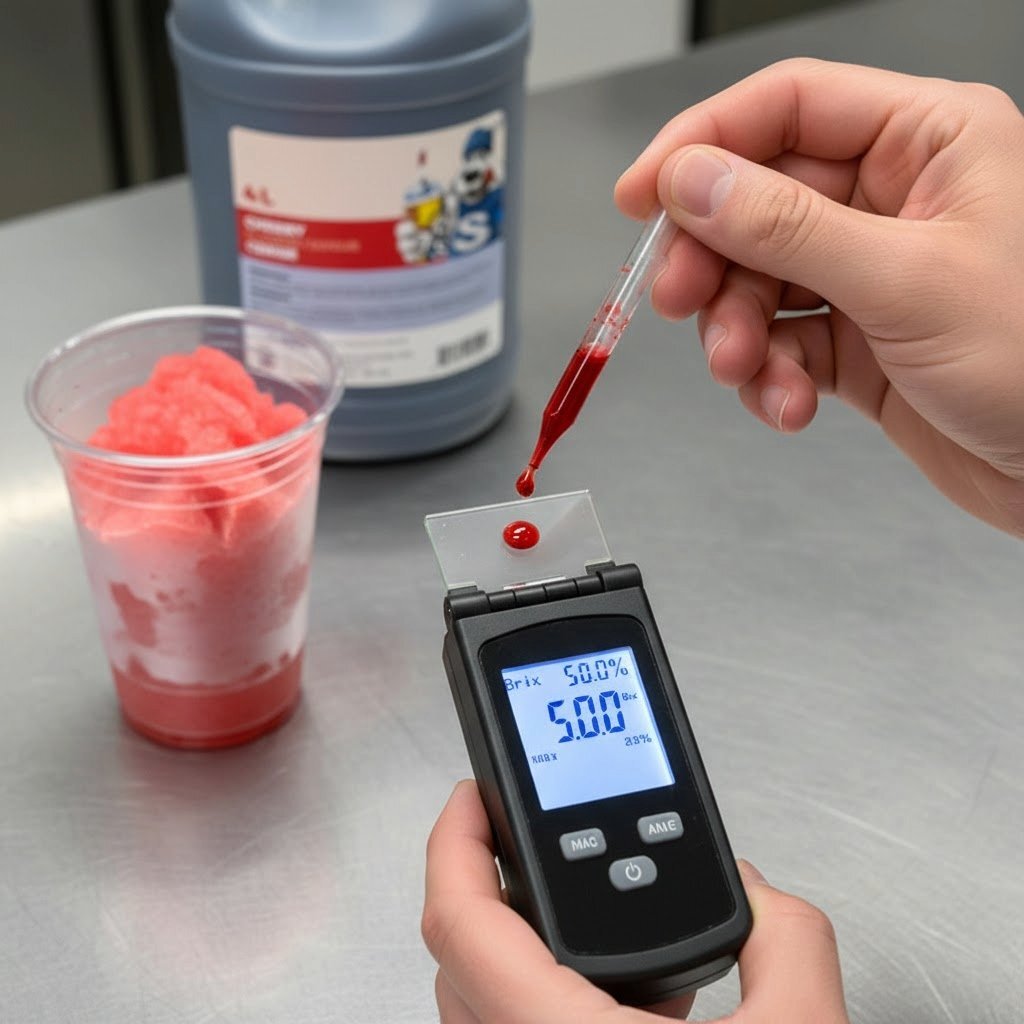 Brix refractometer testing slushy syrup mix with a red slush cup and Slush Puppie jug in background