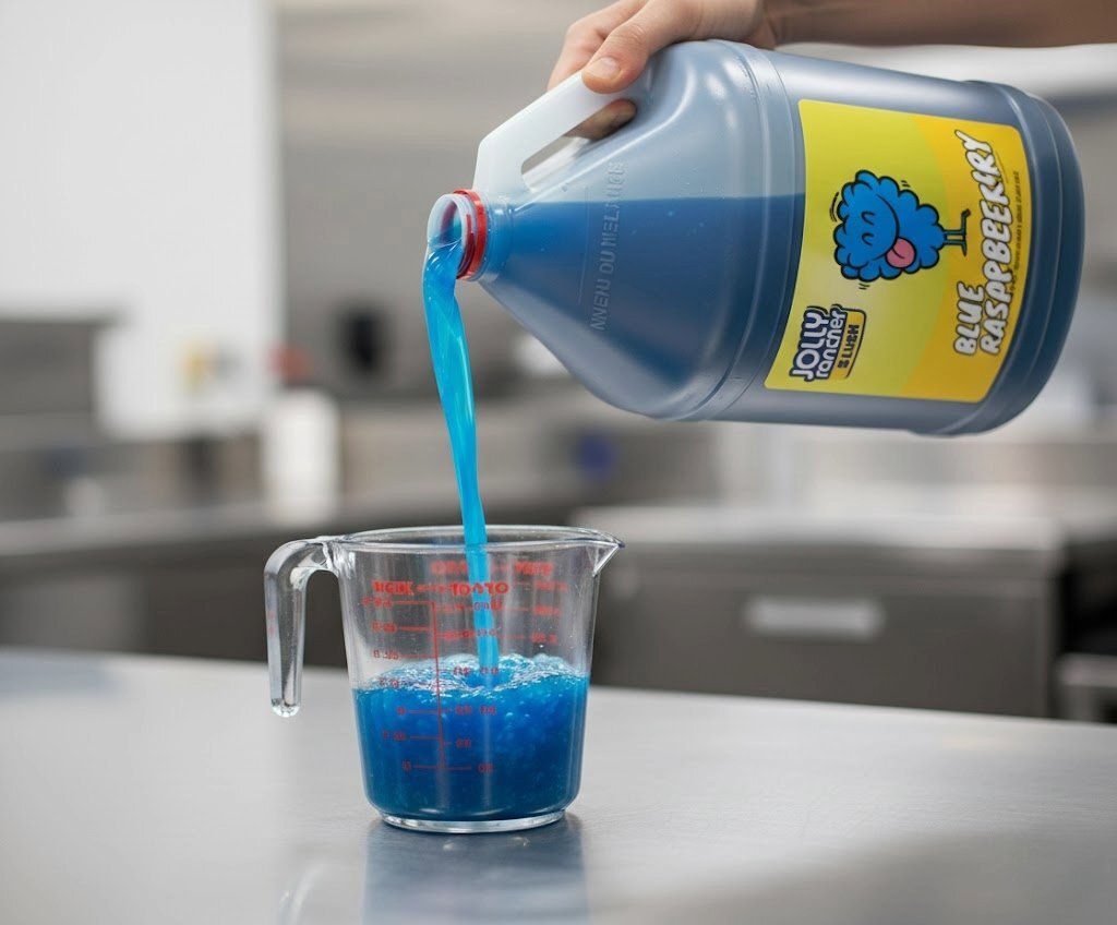 Jolly Rancher Blue Raspberry slushy syrup being poured from a large jug into a measuring cup